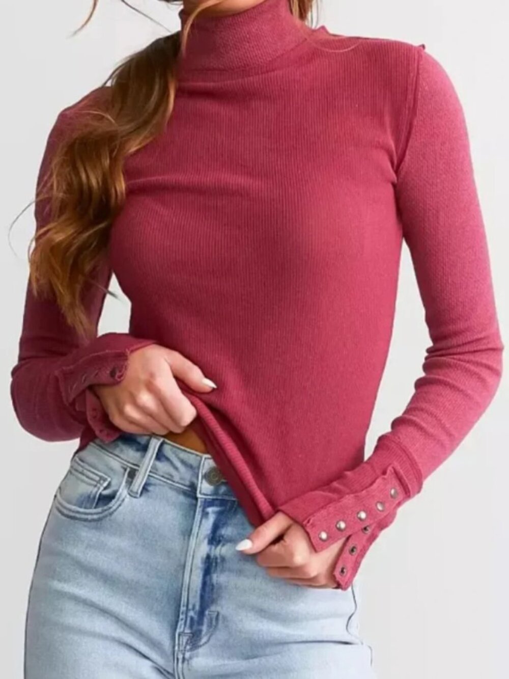 We The Free, Free People Rivet Studded Cuff Mock Neck Thermal Top - Womens Large